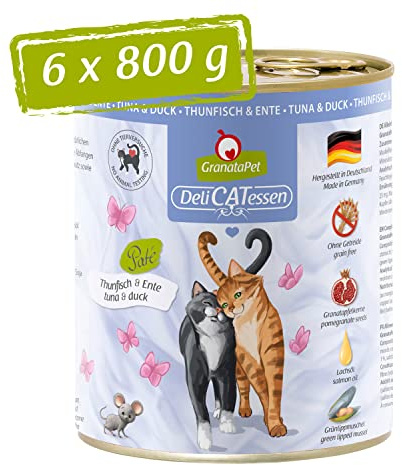 GranataPet DeliCatessen tonfisk & anka, våtfoder för katt utan tillsatt socker, spannmålsfri gourmetmat, 6 x 800 g