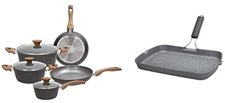 Tognana V779116Grst Batteria 8 Pezzi Great Stone, Alluminio Forgiato & Grill Rettangolare Con Manico Pieghevole Mythos, Alluminio, Grigio, 1