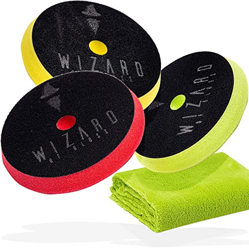 Detailmate Auto Polierschwamm Bundle Wizard of Gloss Pads 125mm | 3er Set| Cutting Pad + Polishing Pad + Finishing Pad | Für Rotationspolierer und Exzenter Poliermaschinen + detailmate Poliertuch