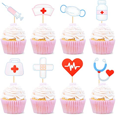 Blumomon Cupcake-Topper für Krankenschwestern, Krankenschwestern, Schulabschluss, Cupcake-Picks, medizinisches Rn, Krankenschwester-Motiv, Geburtstagsparty, Kuchendekoration, Zubehör, 32 Stück