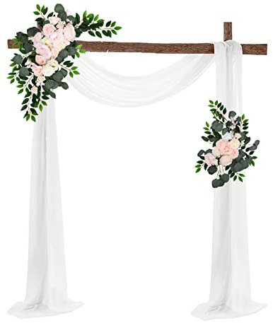 BestAlice Künstliches Hochzeitsbogen-Blumen-Set, 3 Stück, 2 künstliche Blumengirlanden mit 1 weißem Drapierstoff für Hintergrunddekoration, Weiß / Rosa