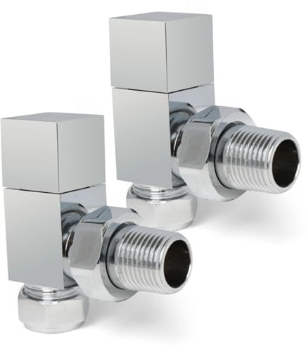 Chrome Angled Radiator Valves Square Modern Radiator Valves Pair of 15mm x 1/2 (Set of 2) for Heated Towel Rails & Central Heating Radiators Chrome Radiator Valve Set