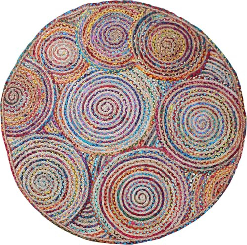 CASAVANI Bohemian Chindi Baumwolle Runde Jute-Teppiche Handgefertigt Geflochten Outdoor Fußmatten Indisch Geflochten Bereich 90 x 90 cm (3 x 3 Fuß im Quadrat)