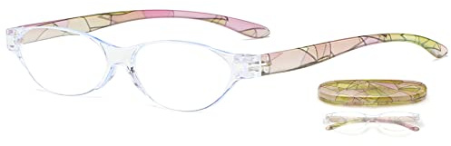 Lanomi Mode Lesebrille Blaulichtfilter Randlos Schmal Oval Blumenmuster Lesehilfe Sehhilfe Kleine Leicht TR90 UV400 Schutz Brille mit Etui Gelb rosa 1.5