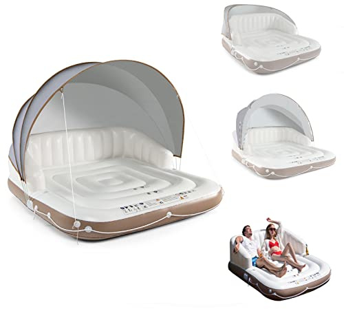 GYMAX Matelas Gonflable Piscine 2-en-1 pour Adultes, 180×180×160cm Lit Gonflable Flottant Piscine avec Auvent Rétractable UPF 50+, Lit Flottante de Lounge avec 2 Porte-gobelets