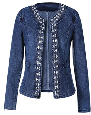 HEYDHSDC Damen-Jeansjacke mit Diamant-Nieten, dehnbar, rund, Kragen, Jeansmantel, Strass, Jeansjacke, blau, 36