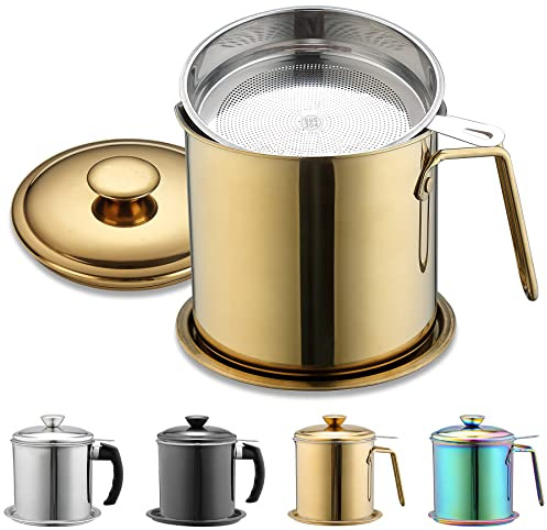 Berglander Gold Speckfettbehälter mit Filter 1.4L, Titanbeschichteter Edelstahl-Öl-Aufbewahrungsbehälter mit feinmaschigem Filter staubdicht zur Lagerung von Frittieröl und Speisefett