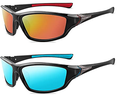 YUELUQU Polarisierte Sportbrille Sonnenbrille für Herren Damen Fahrerbrille Radsportbrillen Skifahren Autofahren Fischen Laufen Wandern UV400 Schutz (Schwarz Orange+Schwarz Blau)