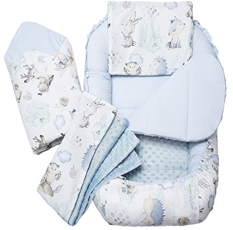 Medi Partners Riduttore Nido Neonato 100x60x15 5-Parti Bozzolo per Bebè Lettino Neonati Inserto Rimovibile Cuscino 100% Cotone (Cervo e Riccio con Minky celeste)
