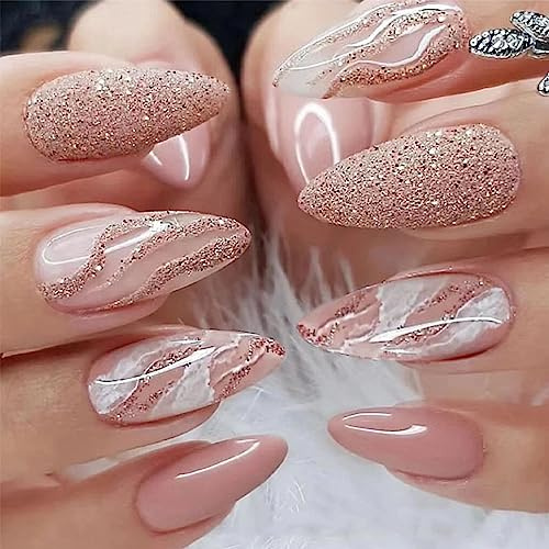 TMUT 24pcs Medium Almond False Nails Pink White Ombre Stick on Nails Glitter Rose Gold Press on Nail Removable Glue-on Fake Nail Art Accessories for Women