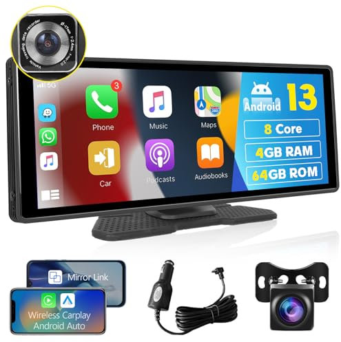 Hodozzy Android 4G 64G 8-Core Wireless CarPlay Display Android Auto Bildschirm Navi Dashcam Vorne Rückfahrkamera 10,26-Zoll Touch Screen MirrorLink GPS WiFi Bluetooth Tragbares Autoradio FM AUX