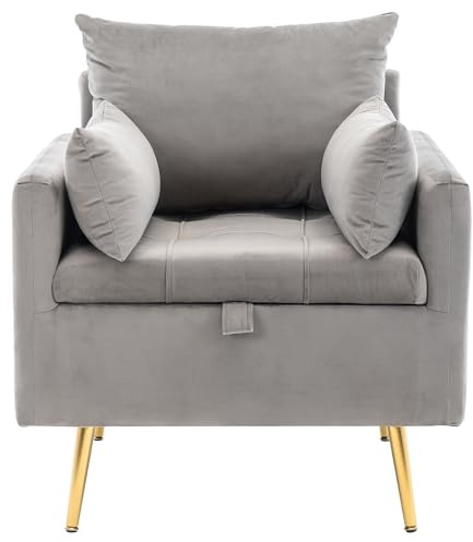 KecDuey Loungesessel,Sessel minimalistischer Samtstuhl,Ottomane mit Stauraum, Dekokissen und Armlehnen-Loungesessel mit goldenen Metallbeinen (Grau)