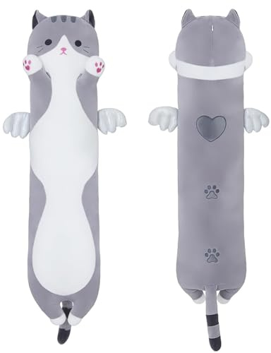 SNOWOLF Long oreiller en peluche en forme de chat - Coussin en coton - Peluche mignonne rembourrée - Jouet - Cadeau pour les enfants et les amis - Gris - 70 cm