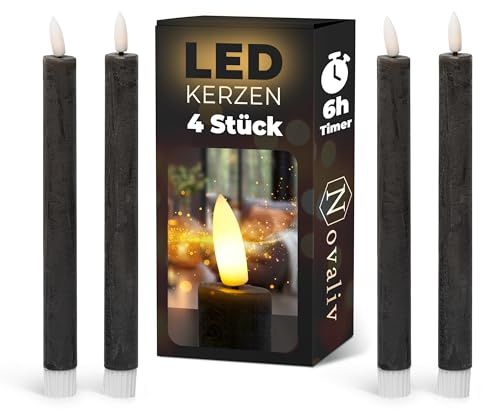 Novaliv Stabkerzen LED mit Timer SCHWARZ 4 Stück Indoor 6 Stunden - ECHTWACHS 24cm Höhe für Kerzen 2,2cm Durchmesser 2 AAA Batterien notwendig LED Stabkerzen flackernde Flamme bewegliche Flamme Licht