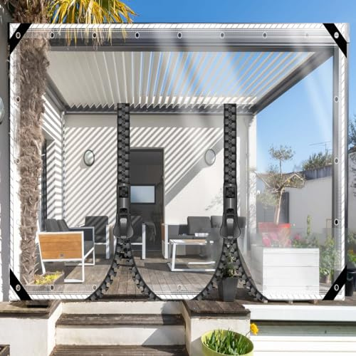 ZHJSHOU Clear Tarpaulin 2.5x4m, 0.35mm Waterproof Gazebo Side Cover | Customizable Transparent Tarp with Eyelet&2 zip, 420GSM Clear PVC Gazebo Roof Cover,Balcony Rain Cover, Pergola Outdoor