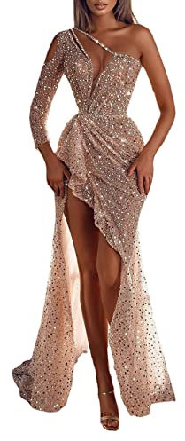 Azruma Glitzerkleid Mädchen Halloween Kleid Damen Kleider Mädchen Damen Kleid Schwarz Frauen Bodycon Pailletten Eine Schulter Bodenlang Kleider Abendkleider Schwarz (Gold, L)