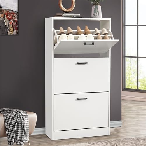 Shoe Cabinet with 3 Drawers, Pull Down Wooden Shoe Storage Organizer Cupboard Shoes Rack Cabinet Freestanding Footwear Rack Stand Hallway, Entryway, Living Rooms, White, 60W x 24D x 118H cm