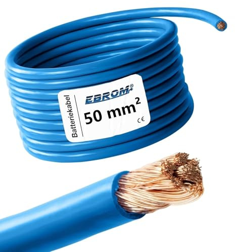 EBROM - 2 Meter Batteriekabel - Pluskabel - BLAU - 50 mm² - Vollkupfer | Batterie Kabel - PLUS KABEL - 2 m Länge - für PV, Boot, Solar, Industrie, LKW, KFZ, Caravan und weitere Anwendungsbereiche