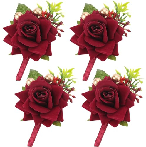 CRASPIRE 4 Stück Rosen-Ansteckblume, Dunkelrote Seiden-Kunststoff-Imitationsblume Mit Grünem Blatt, Ansteckblume, Boutonniere-Brosche-Set Für Trauzeugen, Braut, Bräutigam, Brautjungfern, Abschlussball