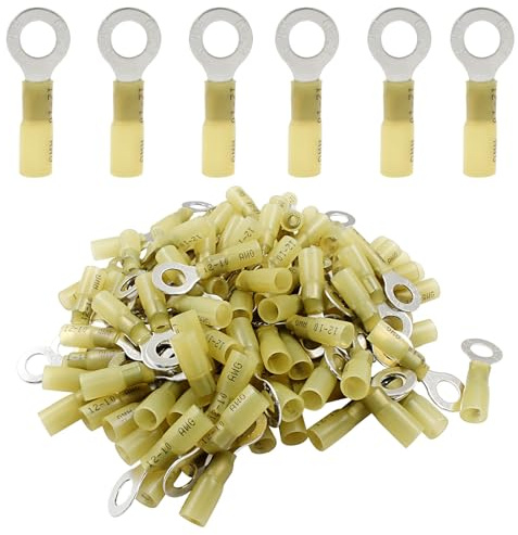 Hordion 100pcs Heat Shrink Ring Terminals 5/16, M8 Yellow 12-10 AWG Electrical Connectors Waterproof and Insulated Wire Terminal Connectors for Automotive, Audio