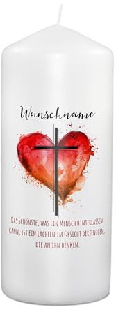PhotoFancy® - Personalisierte Trauerkerze - Fotokerze mit eigenem Foto/Text bedrucken lassen - Kerze mit Design: Herz - 19 cm Höhe