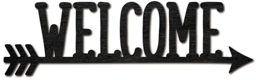 CREATCABIN Welcome Laser Cut Wood Letter Sign Arrow Wall Decor Cutouts Unfinished Wooden Signs Wall Art Basswood Hanging Sculpture Decoration for Painting Crafts DIY Home Front Door Black 11.9x3.5Inch