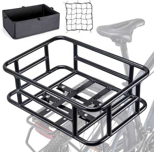 Hapihom Rear Bike Basket With Cargo Net and Waterproof Liner Bag, Universal Bike and Electric Bike Rear Basket, Large Capacity Bicycle Basket Rack black
