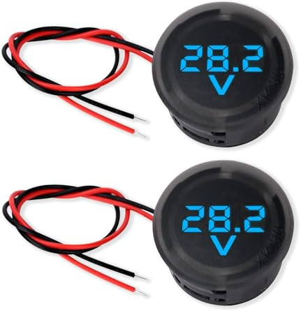 DC4V-100V Voltmeter, LED Digital Waterproof Round 2-Wire Battery Gauge Mini Voltage Display Tester for Cars, Motorcycles, ATVs, Boats, Trucks, Marine Battery Monitors（Blue）