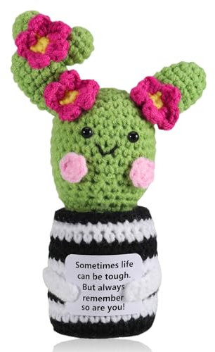 iewrtcin Positive Cactus Crochet, 6.3 inch Handmade Knitted Cactus Toy Cute Funny Potato Emotional Positive Life Doll, Emotional Support Gift with Encouraging Card for Adults Kids Room Desktop Decor