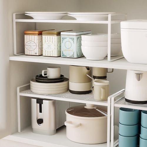 BAIEUEJO 2pcs Shelf Insert, Kitchen Cupboard Organiser with Non-Slip Mat, Kitchen Cabinet Insert, for Kitchen/Bathroom/Table Top/Sideboard (2pcs,white)