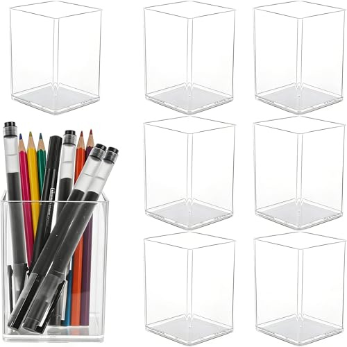 LOPYXBR 8PCS Acrylic Pen Holder, 9.8 x 6.5 x 6.5 cm Clear Pencil Pots for Desk, Square Pen Pots Acrylic Makeup Organiser, Transparent Pen Storage for Home, Office, Bathrooms, Make Up Desk