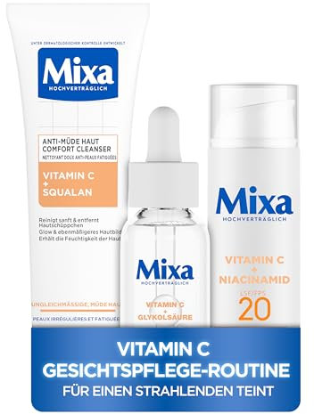 Mixa Vitamin C Gesichtspflege-Routine: Vitamin C Serum 30ml gegen dunkle Flecken + Vitamin C Fluid mit LSF25 50ml + Anti-Müde Haut Cleanser 150ml für einen strahlenden Teint