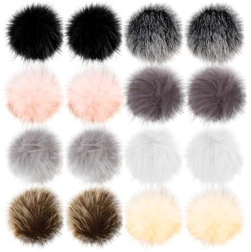 Lot de 16 pompons en fourrure synthétique pour bonnets - 10 cm - Pompon en fourrure synthétique avec boucle élastique - Pour chapeau - Faux pompon en fourrure synthétique - Pour bricolage et