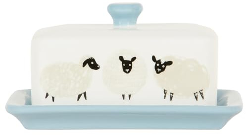 New Simple & Adorable Sheep Design Highland Flock Butter Dish Colour Knob Charming Blue Handle and Base Perfect for Storing Butter Safely and Keeps It Soft and Spreadable Tableware Decor - N17