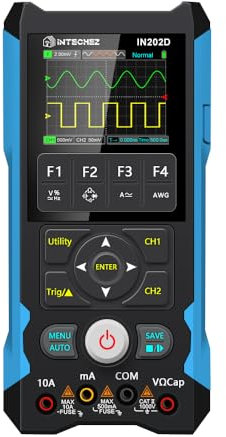 IN202D Oscilloscopio Portatile 3 in 1 Multimetro Generatore DDS, 2 canali, larghezza di banda 80MHz, frequenza di campionamento 200MSa/s, 6000 punti, test di tensione, corrente, condensatore,