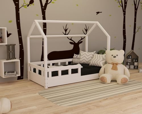 Holzti - Hausbett 160x80cm, Weiß - Kinderbett aus Holz, mit Lattenrost und abnehmbarem Rausfallschutz - Bodenbett bis 180 kg Belastbar, aus Kiefernholz - für Mädchen, Junge