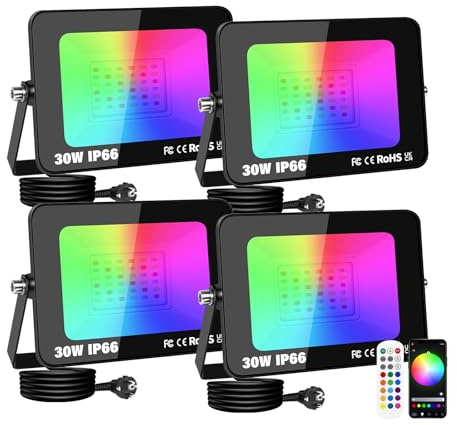 RIGIDON 4 x 30W Foco LED Exterior RGBW, 3000LM Proyector LED Colores | con Enchufe, APP Remoto Control, Multicolor, Minutero, Regulable, Impermeable Luz de Inundación para Fiesta, Terraza, Jardin
