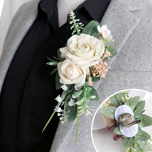 Hochzeits-Boutonniere mit Rosen-Boutonniere, handgefertigt, Ansteckblume mit Anstecknadel und Clip, künstliche Hochzeitsblumen, Zubehör für Herren, Bräutigam, Anzug, Kleid, Bankett, Party-Dekoration