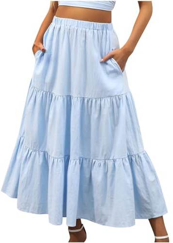 KUIH Long Skirts for Women UK Chiffon Summer Maxi Skirt Elasticated Waist Ladies Tiered A Line Skirts for Beach, Party, Holiday Light Blue