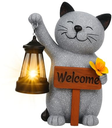 Friendly Solar Cat Garden Statue with Lantern, Resin Outdoor Welcome Sign Ornament Light Up Figurine for Porch, Patio, Flowerbed, Sturdy Weatherproof Decoration Solar Powered Gift for Home or Garden