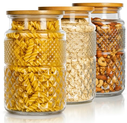 OAMCEG Glasbehälter mit Deckel 3 Stück Set 1800ml – 60oz Vorratsgläser mit Deckel Luftdicht Aufbewahrungsbox Küche Hochwertiges Vorratsglas mit Holzdeckel für Mehl Zucker Pasta Müsli Kaffee