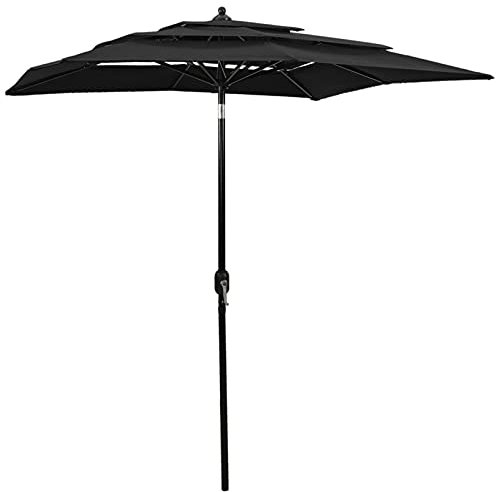 Gecheer Sonnenschirm mit Aluminium-Mast 3-lagig Sonnenschirm Gartenschirm Marktschirm Strandschirm Schirm Kurbelschirm Terrassenschirm Schwarz 2x2 m