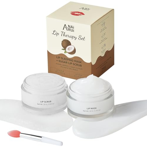 ANAiRUi Set Cura Labbra Cocco Karitè & Vitamina E, Scrub Esfoliante & Balsamo Nutriente per Labbra Screpolate, Secche, Sensibili - Riparatrice Notturna Idratazione Intensa