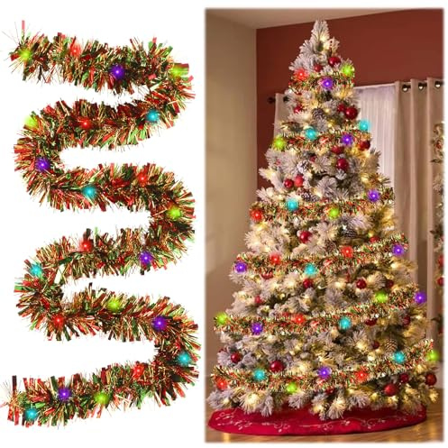 Weihnachtsgirlande, 5m Rot Grün Lametta Tannenbaum Lametta mit LED, Künstliche Weihnachtsgirlande Weihnachtsdeko, Lametta Girlande Weihnachten, Weihnachts Girlande für Außen und Innen, Weihnachtsfeier