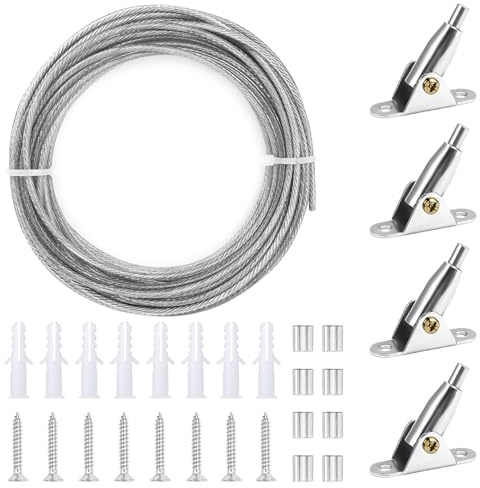 Cable de acero inoxidable de 2 mm x 10 m con revestimiento de PVC, cuerda de cortina de acero ajustable, alambre de suspensión de acero inoxidable con 4 pinzas de montaje, para decoración y foto