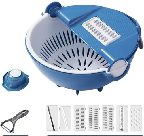 Fineo Mandoline Pro - Coupe légumes multifonctions, Coupe Légumes avec 7 Lames Découpe express pour les fruits carottes, courgettes, pommes de terre en cuisine (Bleu)