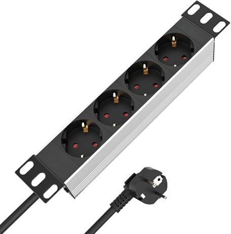 iwillink Multiprise 4 prises de 25,4 cm avec câble de 2 m | PDU Multiprise en aluminium de qualité supérieure 1HE 4 x CEE 7/3 16 A 4000 W pour armoire réseau et armoire serveur 10