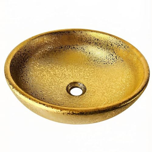 HOPESTAR Luxury Gold Ceramic Wash Hand Basin Round Vessel Sink, 15.8 x 15.8 x 5.9 Inches, Metal-plated Porcelain Washbasin,Art-filled Wash Fountain Bathroom Basin Circular Sink