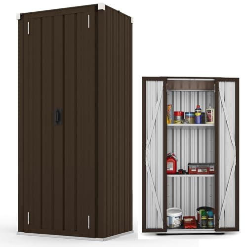 YODOLLA Gartenschrank, Geräteschuppen Metall, Wetterfest Outdoor-Schrank Lagerschuppen Hohe für Balkon, Rasenflächen und Hinterhöfe, 76x56x178cm, Braun