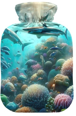 Bolsa de agua caliente con cubierta suave, calentador de pies y manos, tiburones, coral, bolsa de agua caliente para calambres menstruales, tamaño mediano